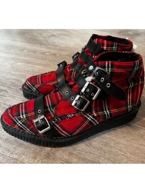 T.U.K. Red Tartan Plaid 4-Buckle Creeper Boots – Women’s 9 / Men’s 7